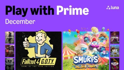 Banner showing December Prime Games—Fallout 4 GOTY and The Smurfs Village Party—with game covers on the side. Amazon Luna free games included with Prime December 2025.