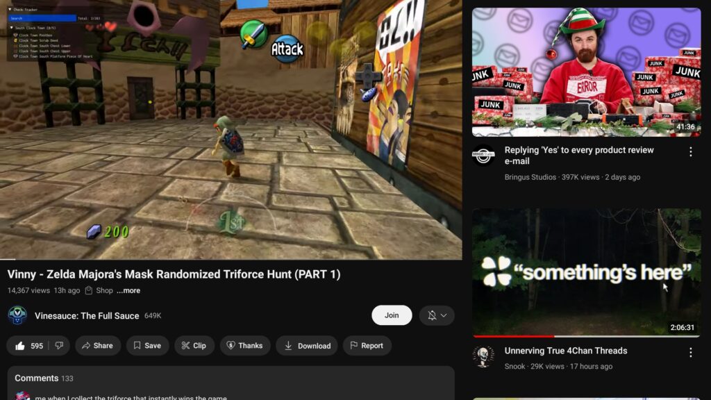 A gameplay stream of Majora's Mask with related video suggestions on the right side of the screen.