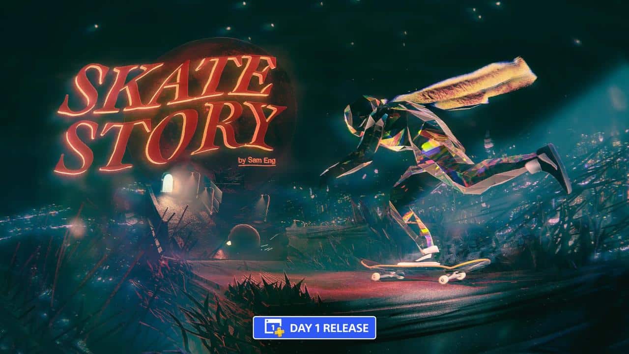 A colorful, faceted figure skateboards at night with "SKATE STORY" in glowing red letters in the background.