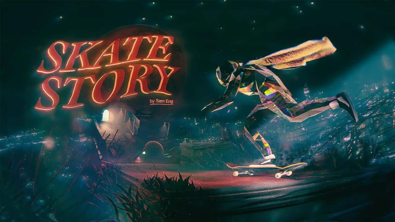 A faceted skater with a cape skateboards at night, illuminated by glowing red "Skate Story" text above.