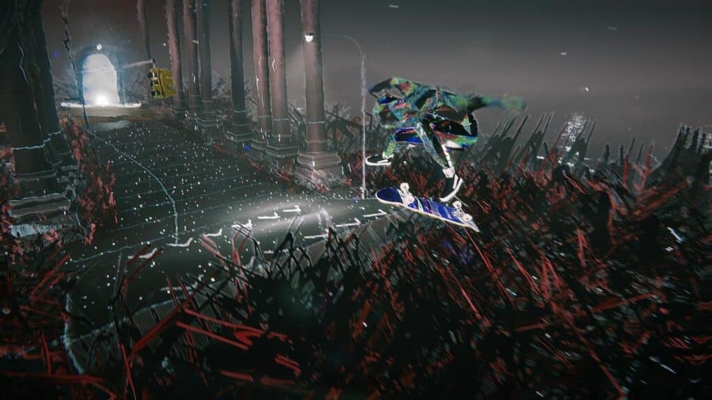 A person skateboards through a surreal, neon-lit landscape with abstract shapes and columns, echoing the dreamlike world of Skate Story.