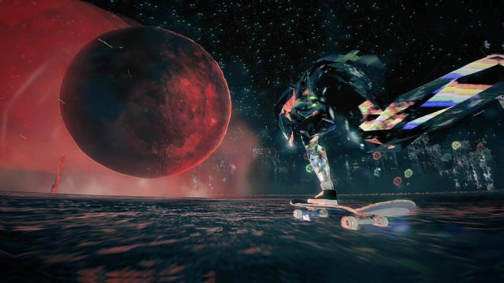 A futuristic figure skateboards toward a large red planet in a surreal, cosmic landscape, evoking the dreamlike adventure of Skate Story.