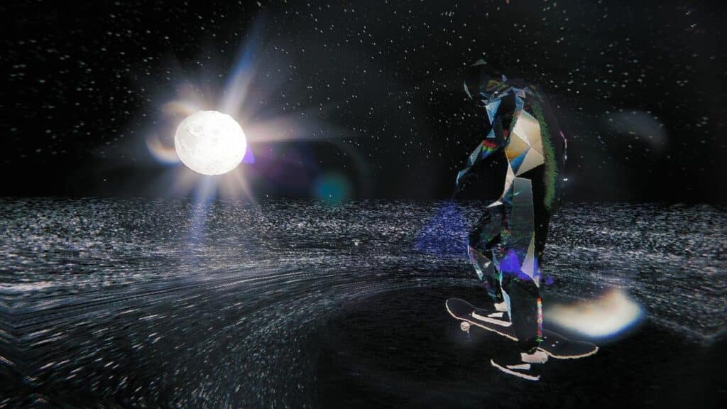 A faceted figure skateboards on a starry surface under a bright full moon, evoking the dreamlike adventure of Skate Story in this surreal, cosmic scene.