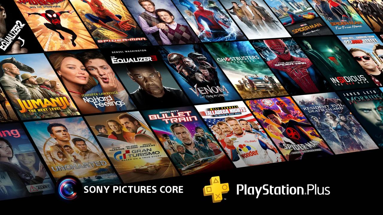 A collage of movie posters above Sony Pictures Core and PlayStation Plus logos on a dark background.
