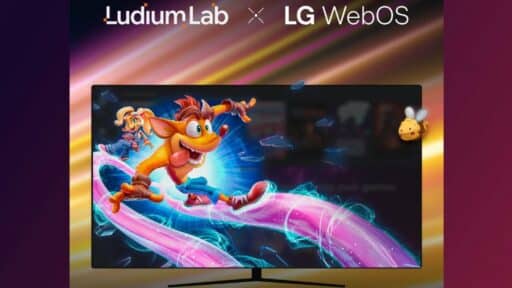 A TV displays Crash Bandicoot, with Ludium Lab and LG WebOS logos above.