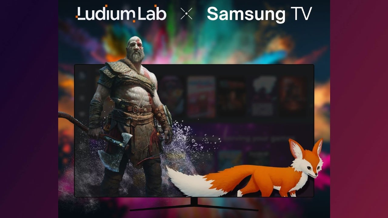 A TV displays Kratos and a cartoon fox, with Ludium Lab and Samsung TV logos above—highlighting the Sora Stream cloud gaming app on Samsung TV.