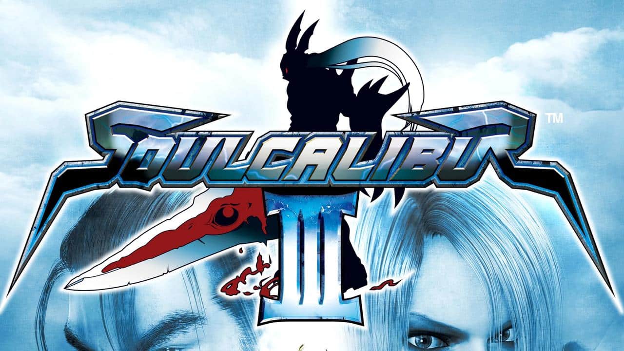 Soulcalibur III logo with stylized blue text and partial faces of two characters in the background.