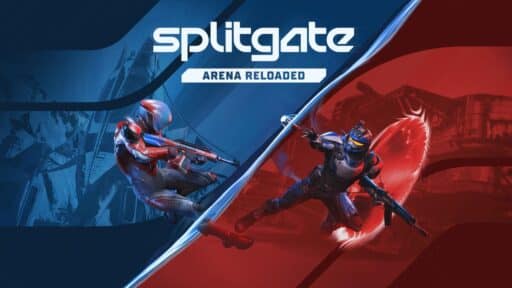 Two armored sci-fi soldiers face off on blue and red backgrounds, with "Splitgate: Arena Reloaded" displayed above, capturing the intense competition of Splitgate: Arena Reloaded.