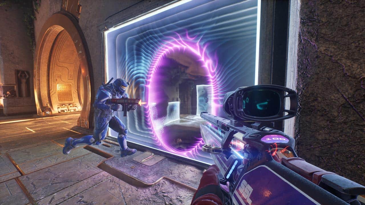 Two armored characters with guns stand near a glowing portal in a Splitgate: Arena Reloaded sci-fi video game setting.