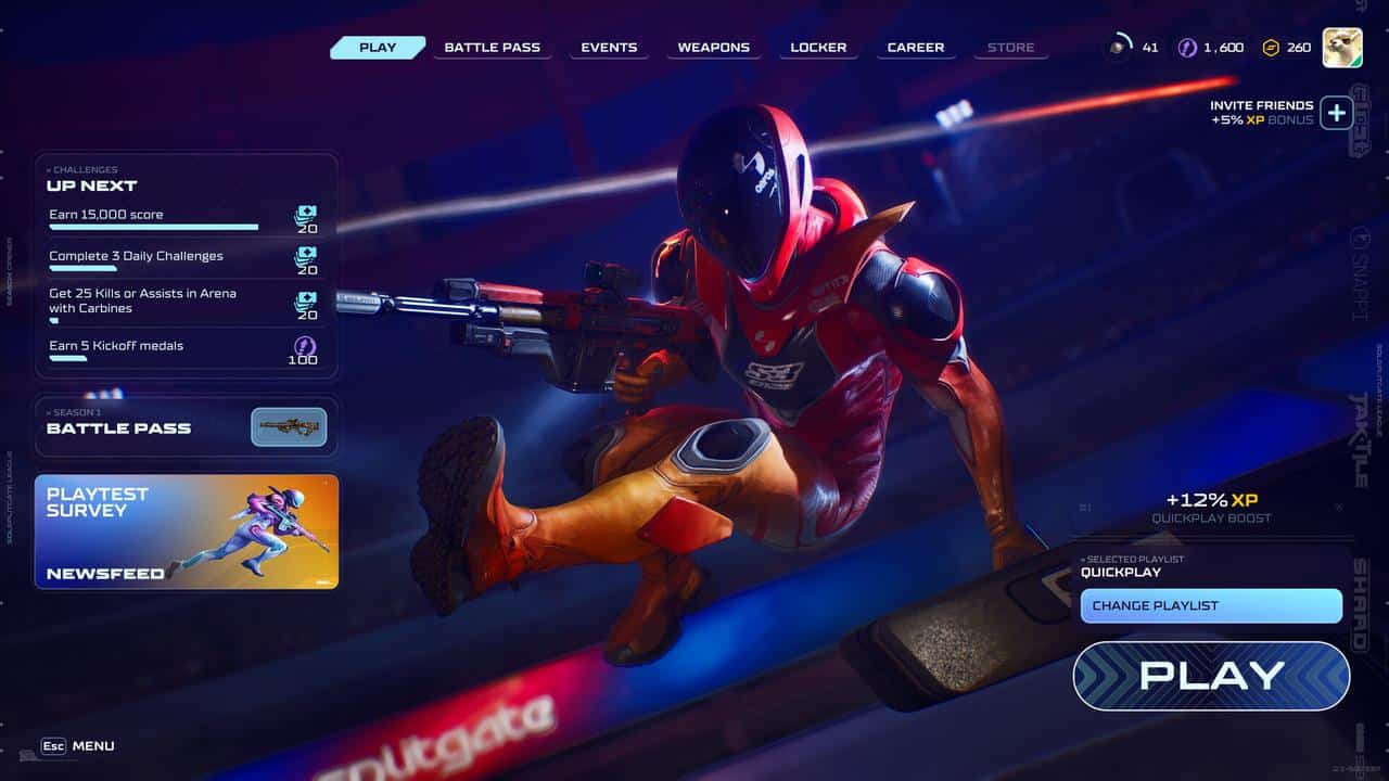 A futuristic armored character with a rifle is crouched on a platform in the Splitgate: Arena Reloaded video game menu screen.
