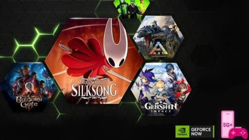 Hexagonal tiles display game covers for Silksong, Ark, Baldur’s Gate, and Genshin Impact alongside GeForce NOW and Telekom 5G+ Gaming icons.
