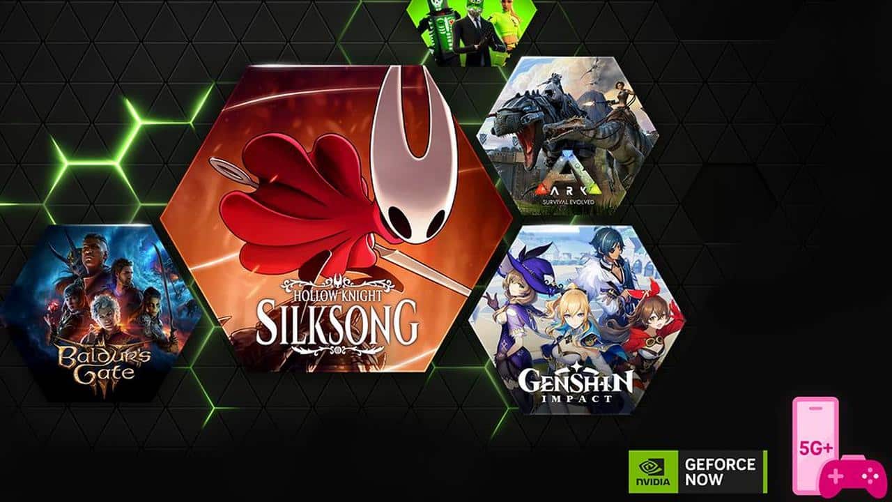 Hexagonal tiles display game covers for Silksong, Ark, Baldur’s Gate, and Genshin Impact alongside GeForce NOW and Telekom 5G+ Gaming icons.
