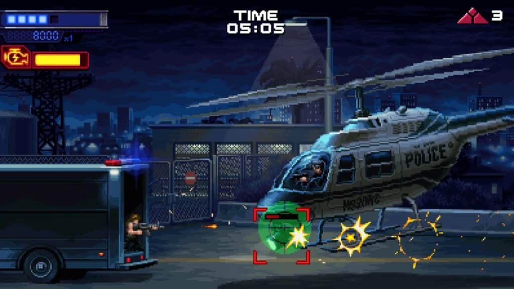 Pixel art scene from Terminator 2D: No Fate—Sarah Connor fires at a police helicopter from a van rooftop under the night city skyline.
