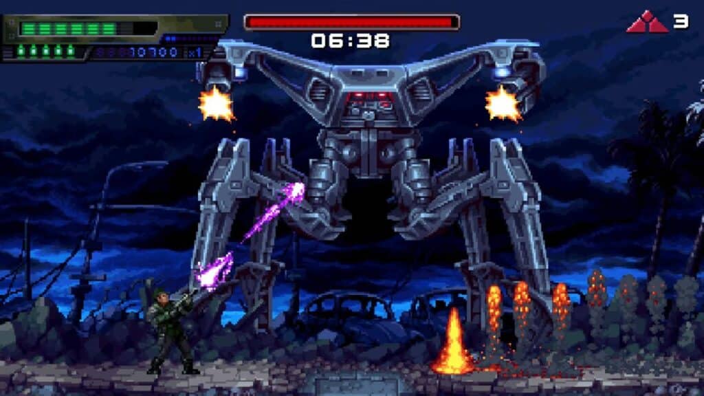 In Terminator 2D: No Fate, a soldier battles a large spider-like robot firing weapons in a ruined city at night.