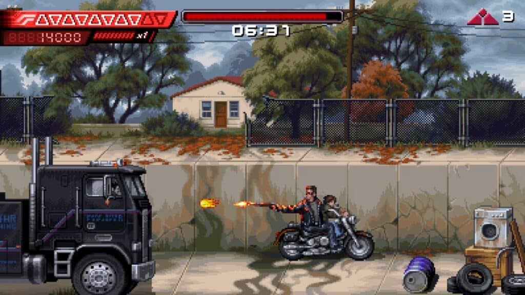 A scene from Terminator 2D: No Fate, showing The Terminator on a motorcycle shooting at a truck, with John Connor riding behind him.