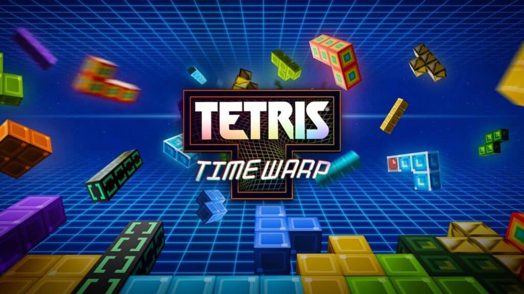Falling colorful Tetris blocks with "TETRIS TIME WARP" text in the center on a blue grid background, inspired by Netflix Games on TV.