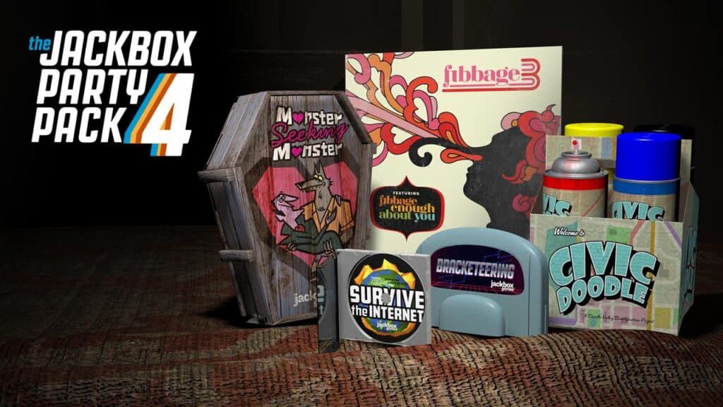 Five Jackbox Party Pack 4 game boxes and items with the game title logo on a dark background, featured among Epic Games Store free games.