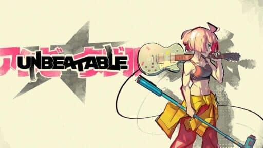 Anime-style girl with headphones and guitar; bold "UNBEATABLE" text beside her, star design in the background highlighting her vibrant energy.