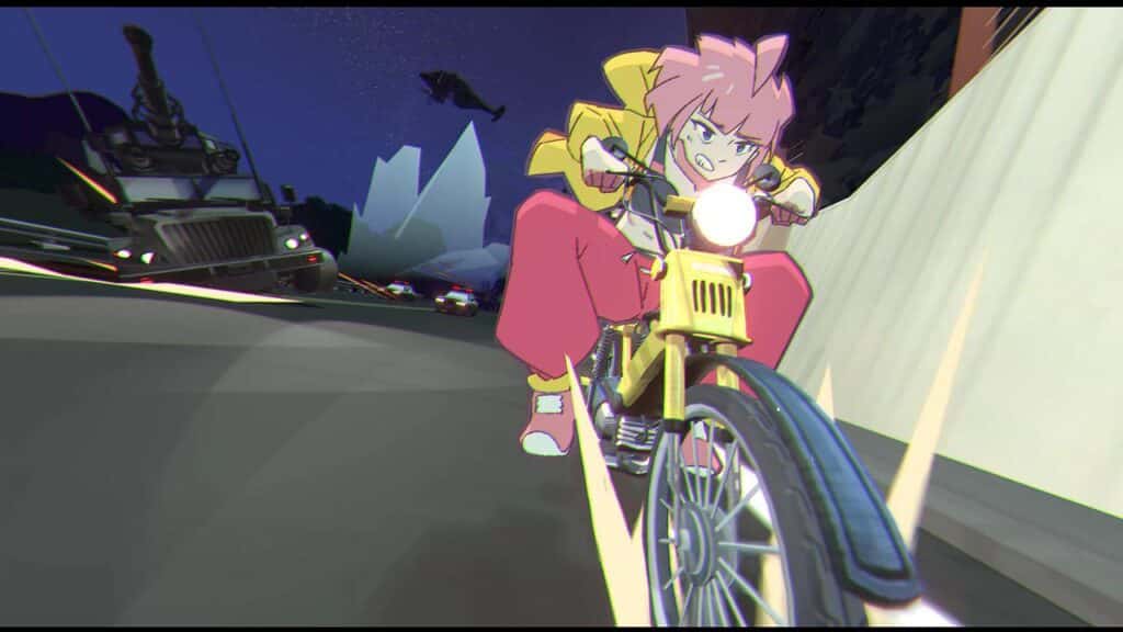 Anime-style character with pink hair rides a yellow motorcycle at night, pursued by vehicles and helicopters, displaying an UNBEATABLE spirit.