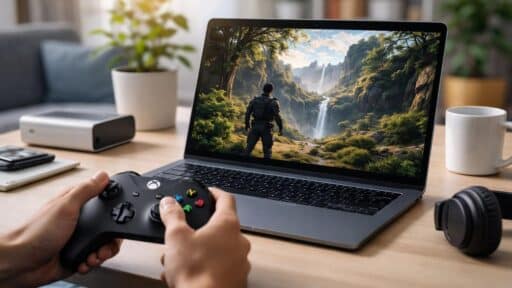 Person playing a video game on a laptop with a controller; nature scene shown on laptop screen, highlighting cloud gaming power usage.