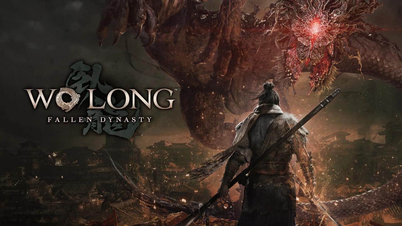 A warrior with swords faces a large, menacing dragon above an ancient city in "Wo Long: Fallen Dynasty".