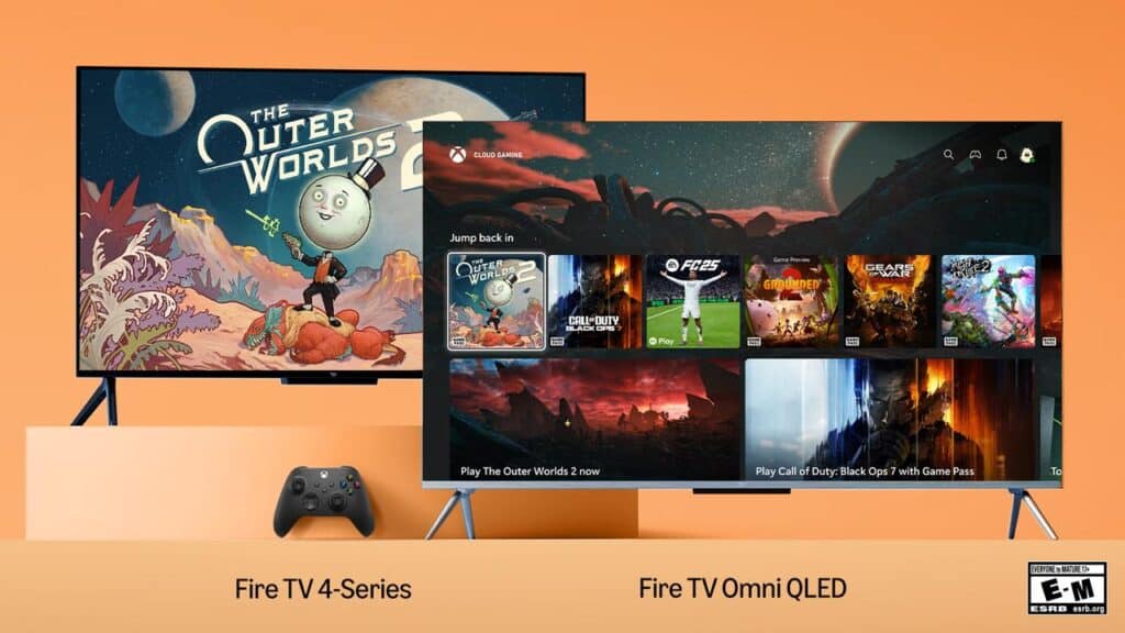 Two TVs display gaming content side by side, with a controller in front of the left TV.