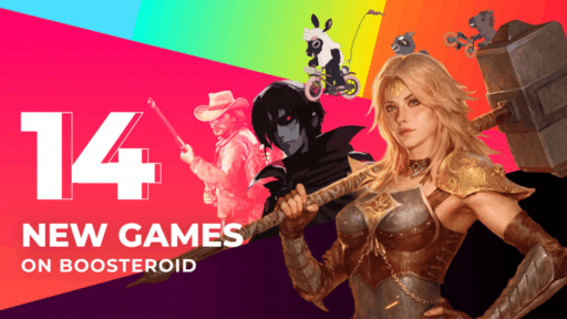 14 new games on Boosteroid, featuring colorful characters and a fantasy warrior holding a hammer.