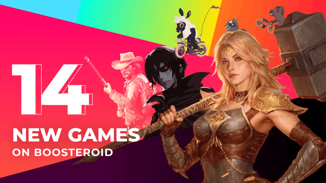 14 new games on Boosteroid, featuring colorful characters and a fantasy warrior holding a hammer.