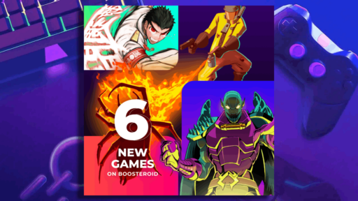 A graphic with "6 New Games on Boosteroid" featuring various colorful game characters and a controller.
