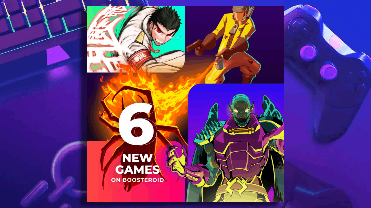 A graphic with "6 New Games on Boosteroid" featuring various colorful game characters and a controller.