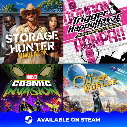Four game covers, including "Storage Hunter Simulator" and "The Outer Worlds," with a Steam logo below.