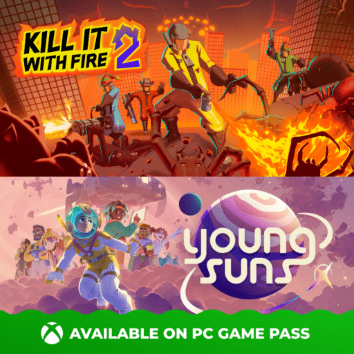 Split image: "Kill It With Fire 2" on top with giant spiders, "Young Suns" on bottom, Xbox Game Pass logo.