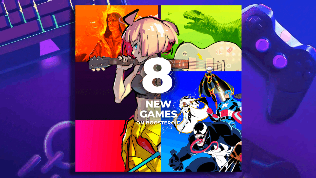 Collage of game characters and "8 New Games on Boosteroid" text, with a keyboard and controller in the background.