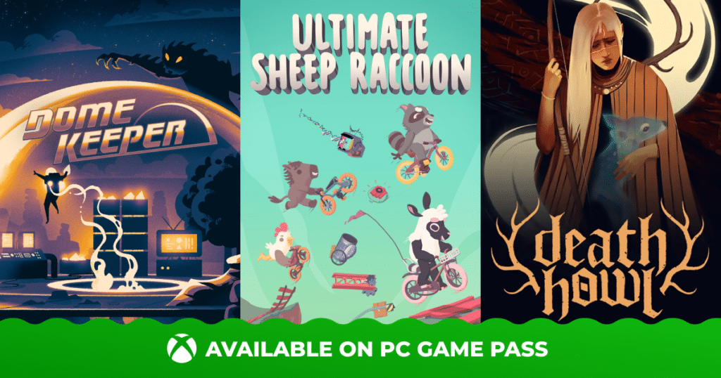 Three colorful game covers: Dome Keeper, Ultimate Sheep Raccoon, and Death Howl; PC Game Pass banner below.