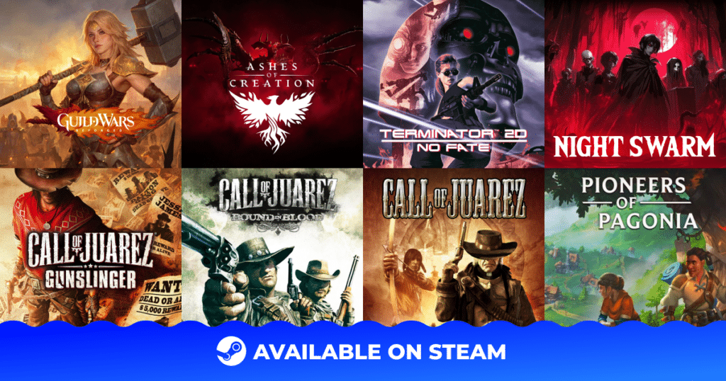 Eight video game covers displayed in a grid, with a Steam logo and
