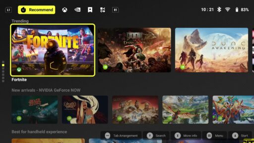 A gaming interface displays Fortnite, Doom, and Dune among other trending and new arrival games, all enhanced by the latest Logitech G Cloud update.
