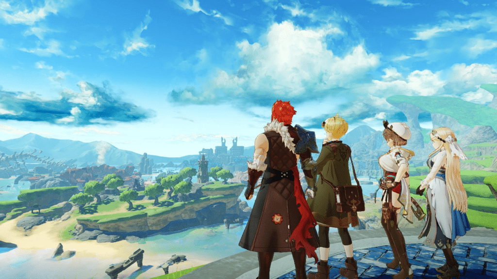 Four characters from the game Atelier Ryza stand on a cliff overlooking a vibrant landscape with hills, trees, and a distant city under a bright blue sky.