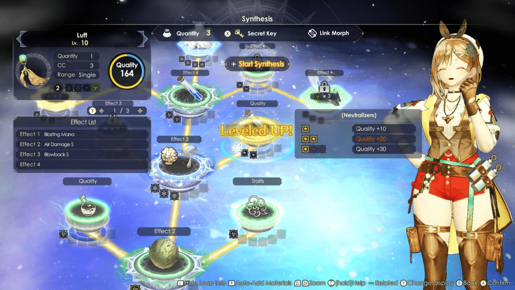 An in-game screenshot showcasing the synthesis menu from _Atelier Ryza: Secret Trilogy Deluxe Pack_, featuring various crafting options and a character celebrating a successful synthesis level-up.