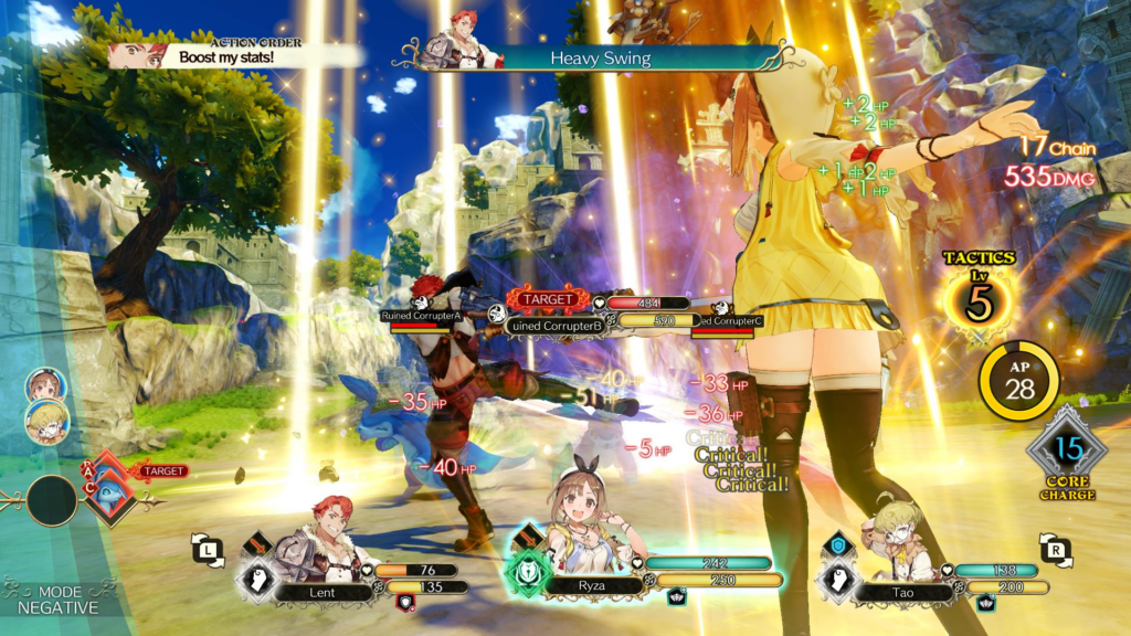 In-game screenshot from _Atelier Ryza: Secret Trilogy Deluxe Pack_, showcasing a battle scene featuring characters Ryza, Lent, and Tao against an enemy, with vibrant graphics and action indicators.