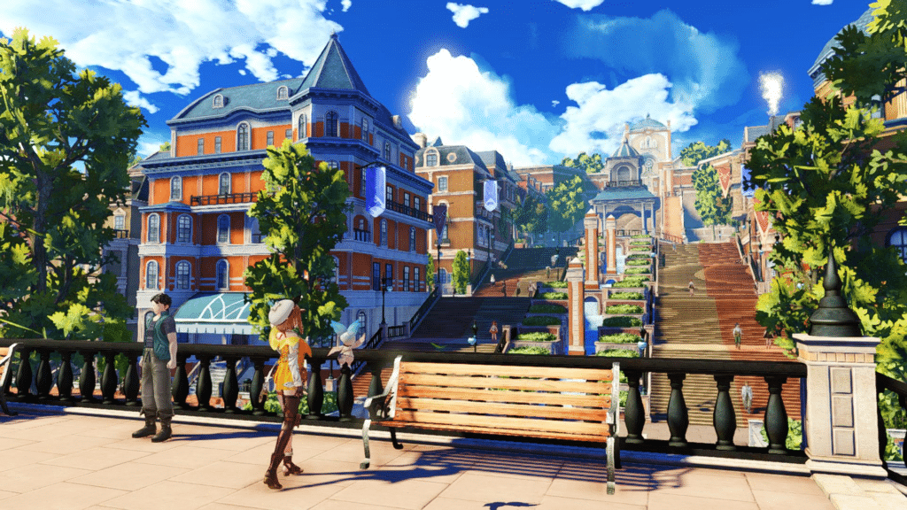 A vibrant outdoor scene from _Atelier Ryza: Secret Trilogy Deluxe Pack_ showcasing a picturesque town square with elegant buildings, trees, and a bustling atmosphere. Characters can be seen interacting in the foreground, while the stunning blue sky enhances the lively setting.