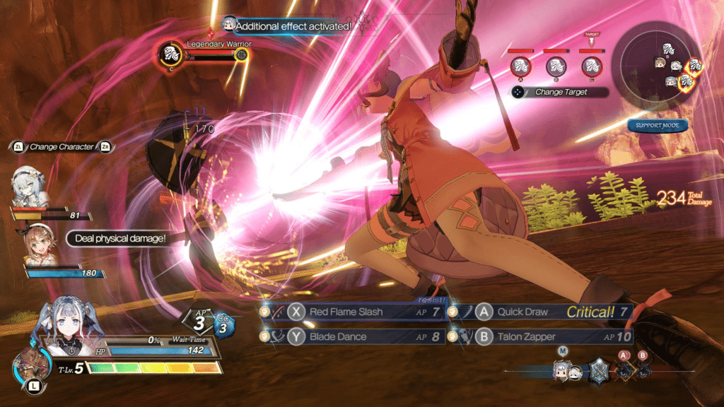 An action-packed scene from the game _Atelier Ryza: Secret Trilogy Deluxe Pack_, showcasing a character in battle against a Legendary Warrior, with colorful effects indicating an attack.