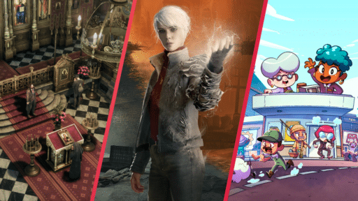 A collage of three video game scenes: a church, a woman with a glowing hand, and cartoon kids at a gas station—showcasing gameplay enhanced by Xbox or mouse and keyboard controls.