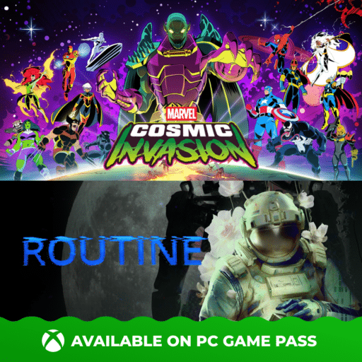 Marvel superheroes and an astronaut on game covers, with "Available on PC Game Pass" text at the bottom.