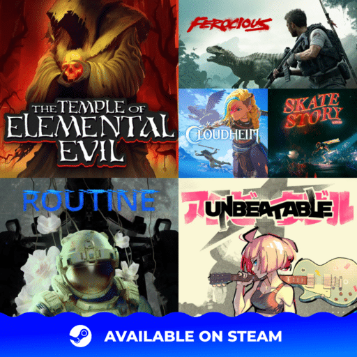 Collage of six indie video game covers with “Available on Steam” text and logo at the bottom.