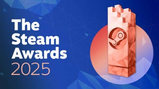 The Steam Awards 2025 logo with a polygonal Steam trophy on a blue geometric background.