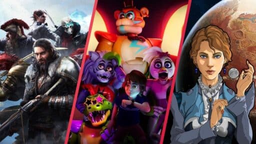Collage of video game characters, including warriors, animatronics, and a woman holding a coin with a planet.