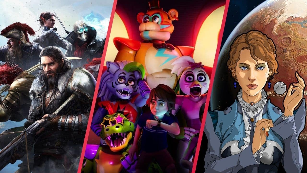 Collage of video game characters, including warriors, animatronics, and a woman holding a coin with a planet.