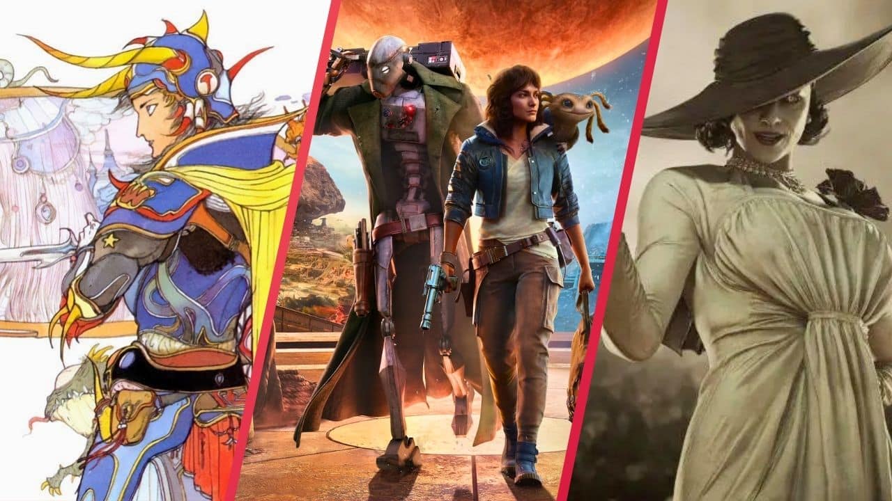 Collage of fantasy and sci-fi characters, including a knight, space explorers, and a woman in a wide-brimmed hat.