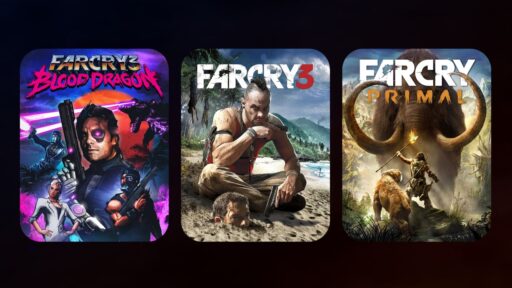 Three Far Cry game covers: Blood Dragon, Far Cry 3, and Primal, each with distinct characters and themes.