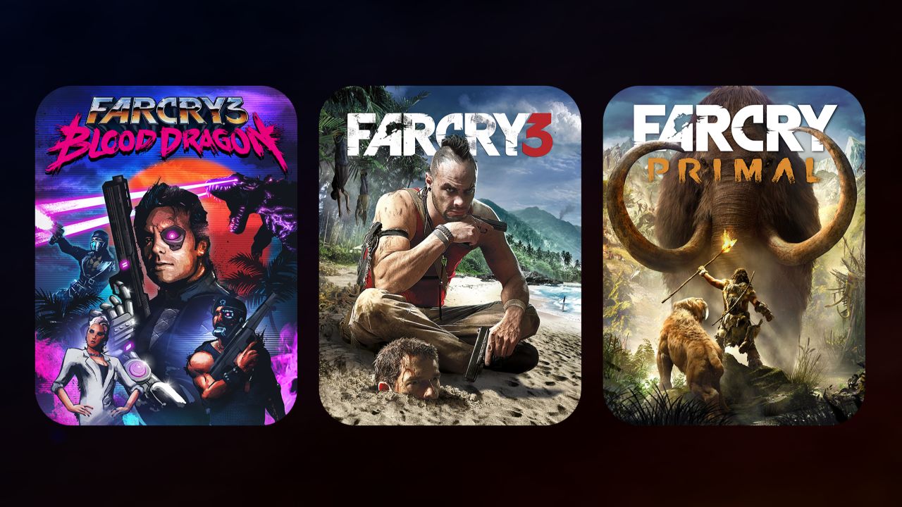Three Far Cry game covers: Blood Dragon, Far Cry 3, and Primal, each with distinct characters and themes.